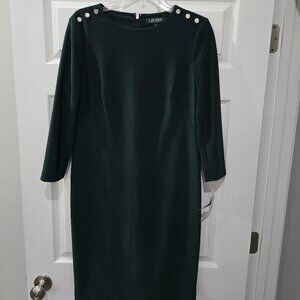 Lauren Ralph Lauren Dark Green Sheath Dress With Metallic Buttons Size 10